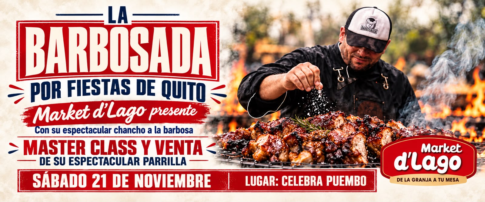 Master class y venta · Market d’Lago. Market d’Lago presente con su chancho a la barbosa y parrilla. Sábado 21 de noviembre · Celebra Puembo.